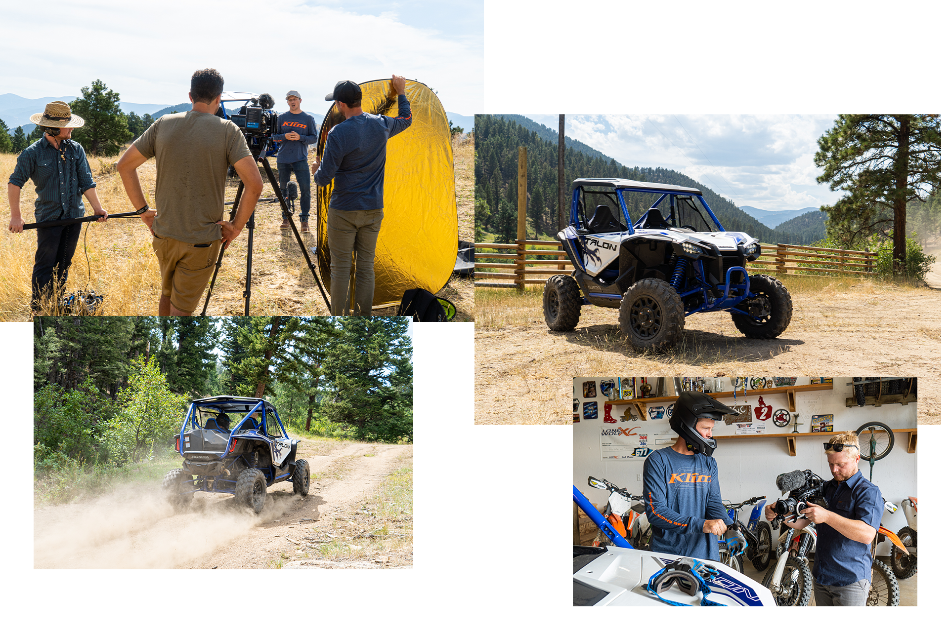 a collage of four pictures of a man standing next to a atv .