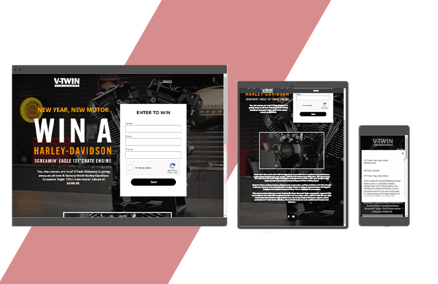 color image of a landing page for a motorcycle dealership used for a sweepstakes online advertising program