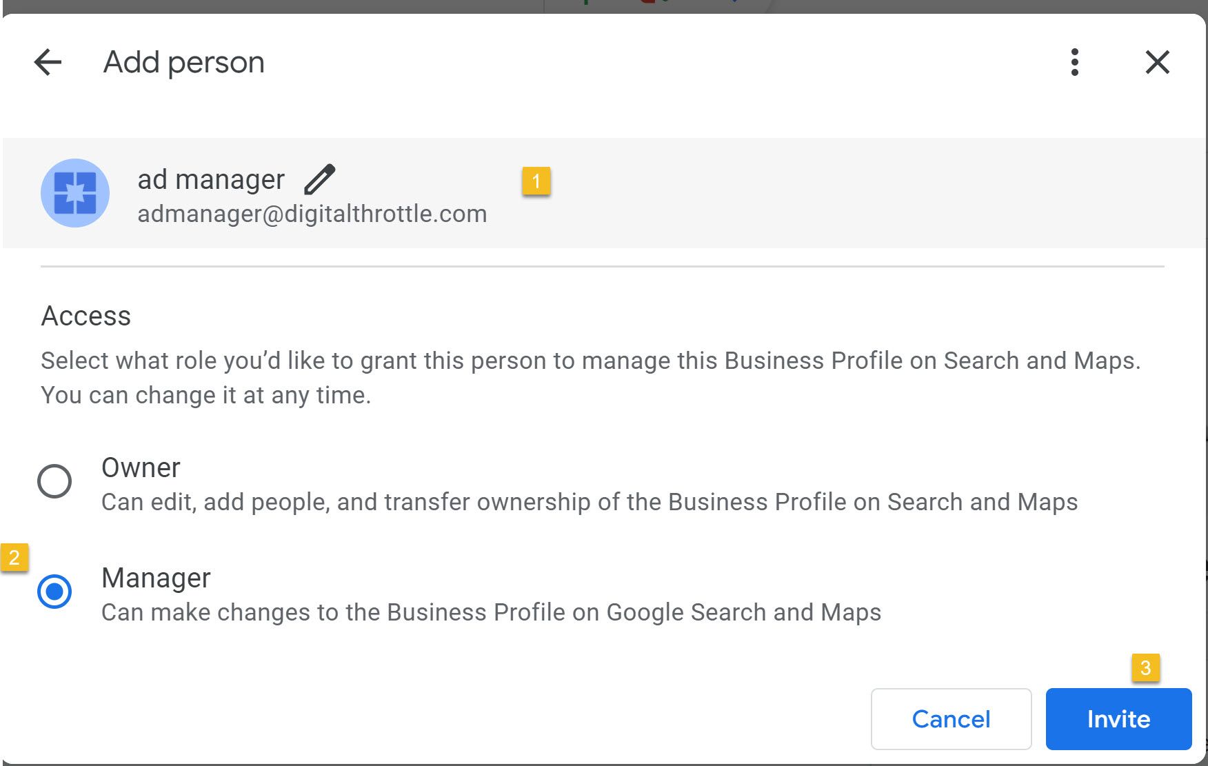 image showing how to add our online ad manager email to your google my business account