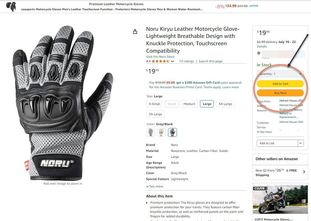 A picture of a pair of motorcycle gloves on a website.