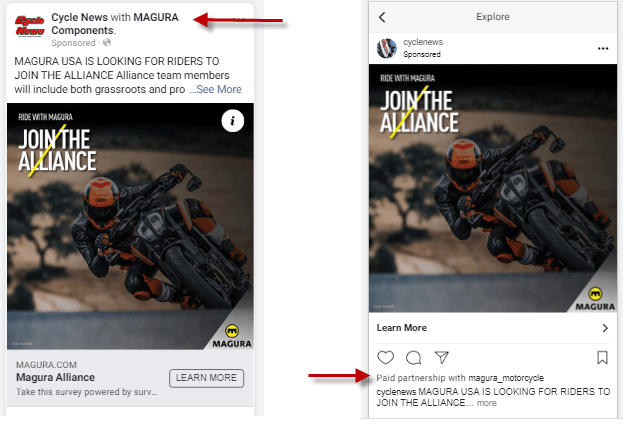 how branded ads on Facebook and Instagram appear look like
