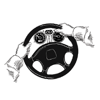 a black and white drawing of a person holding a steering wheel .