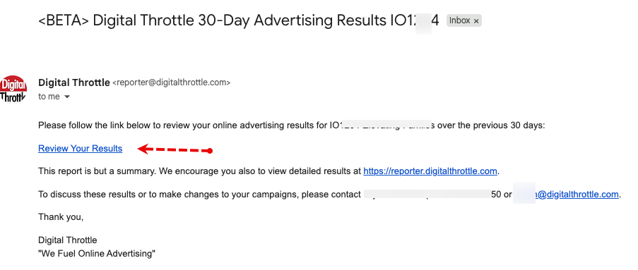 email showing the link to the online advertising results