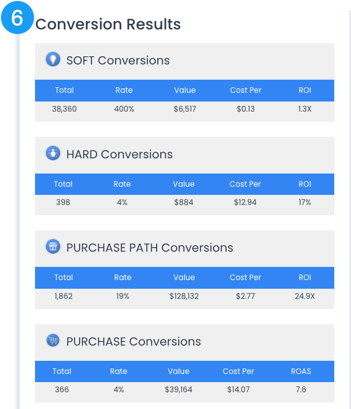 reporting online advertising conversion results, including ROAS