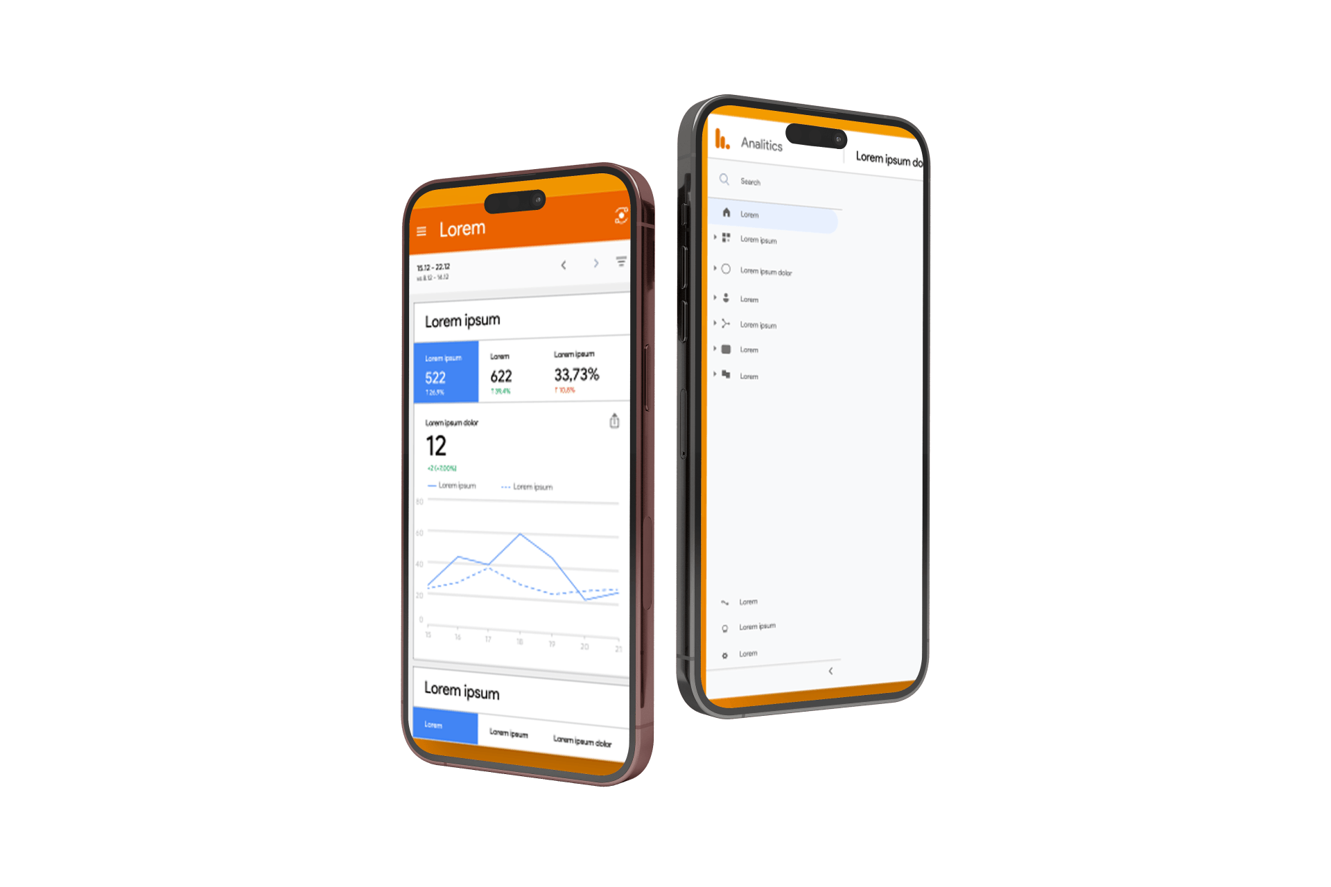 a couple of phones sitting next to each other on a white background with google analytics ga4 screens