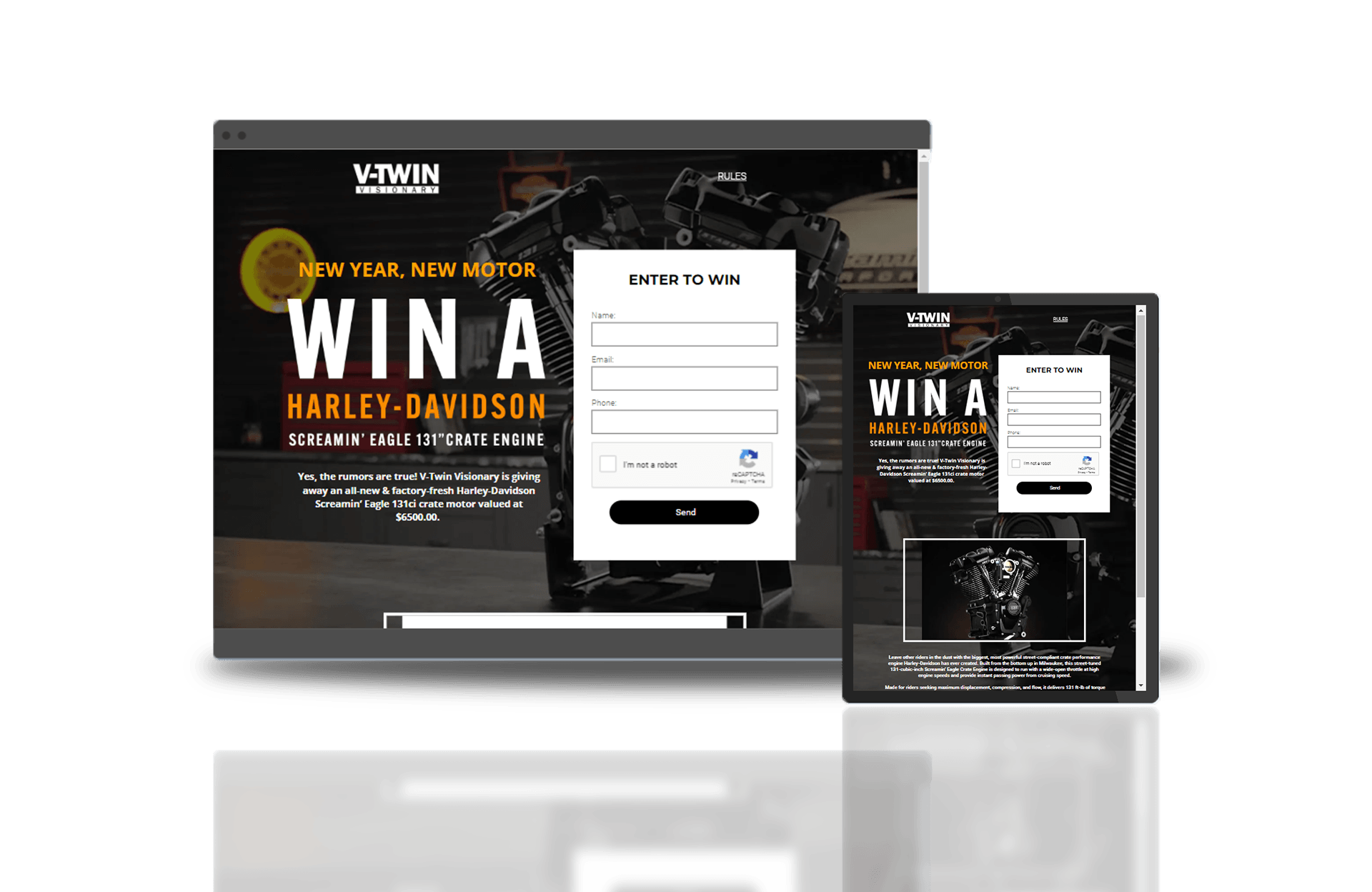 example of landing page for a motorcycle dealer promoting a contest that our online ads drove clicks to