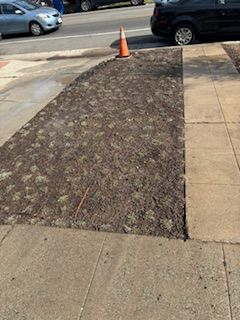 A car is parked on the side of the road next to a sidewalk.