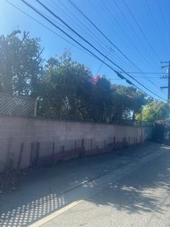 A brick wall surrounded by trees and power lines on a sunny day.