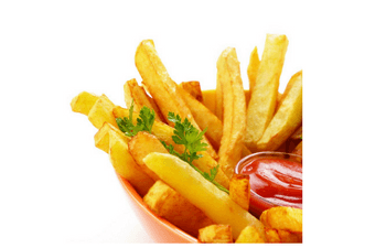 A bowl of french fries with ketchup on a white background