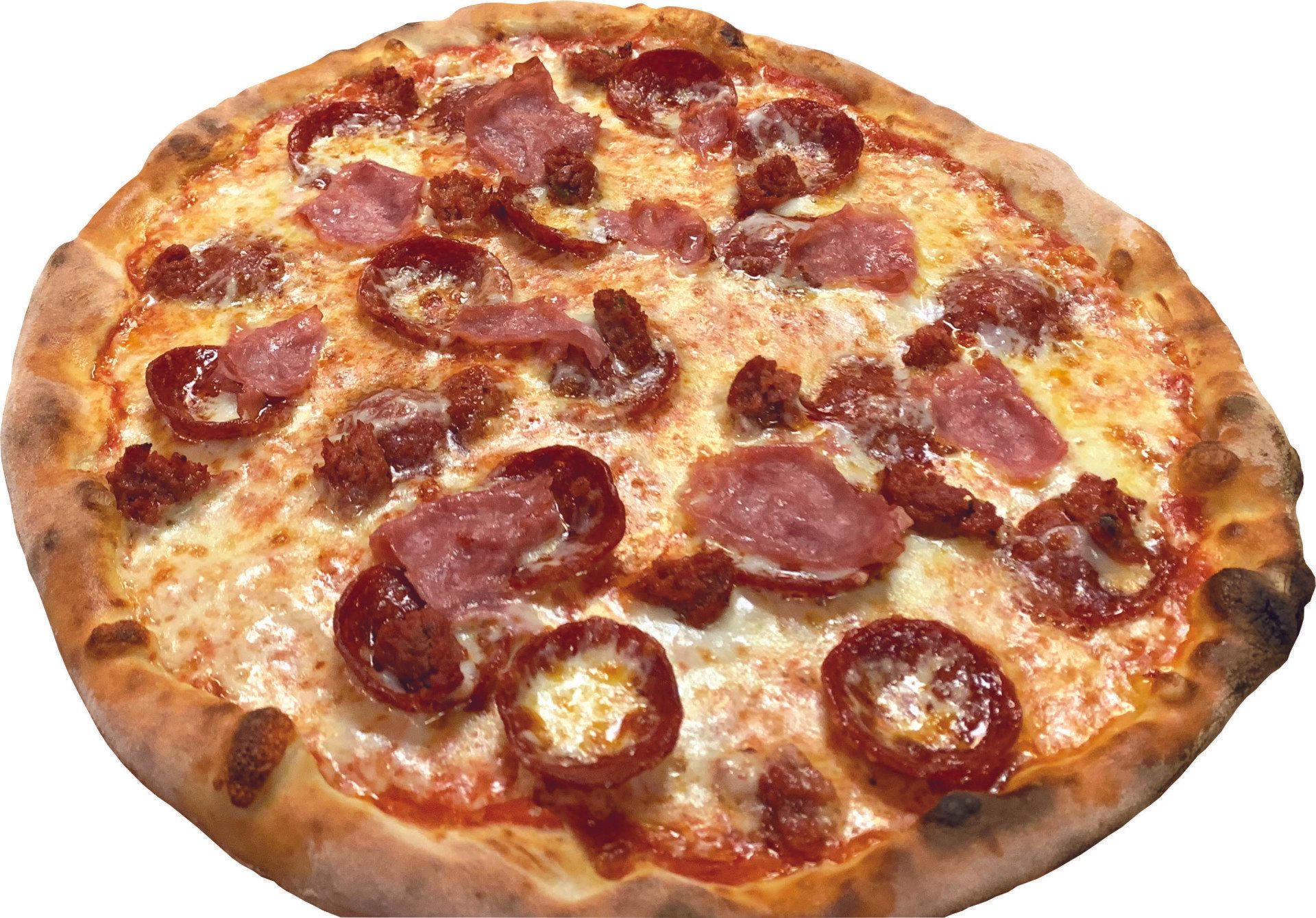 A pizza with a lot of meat and cheese on it