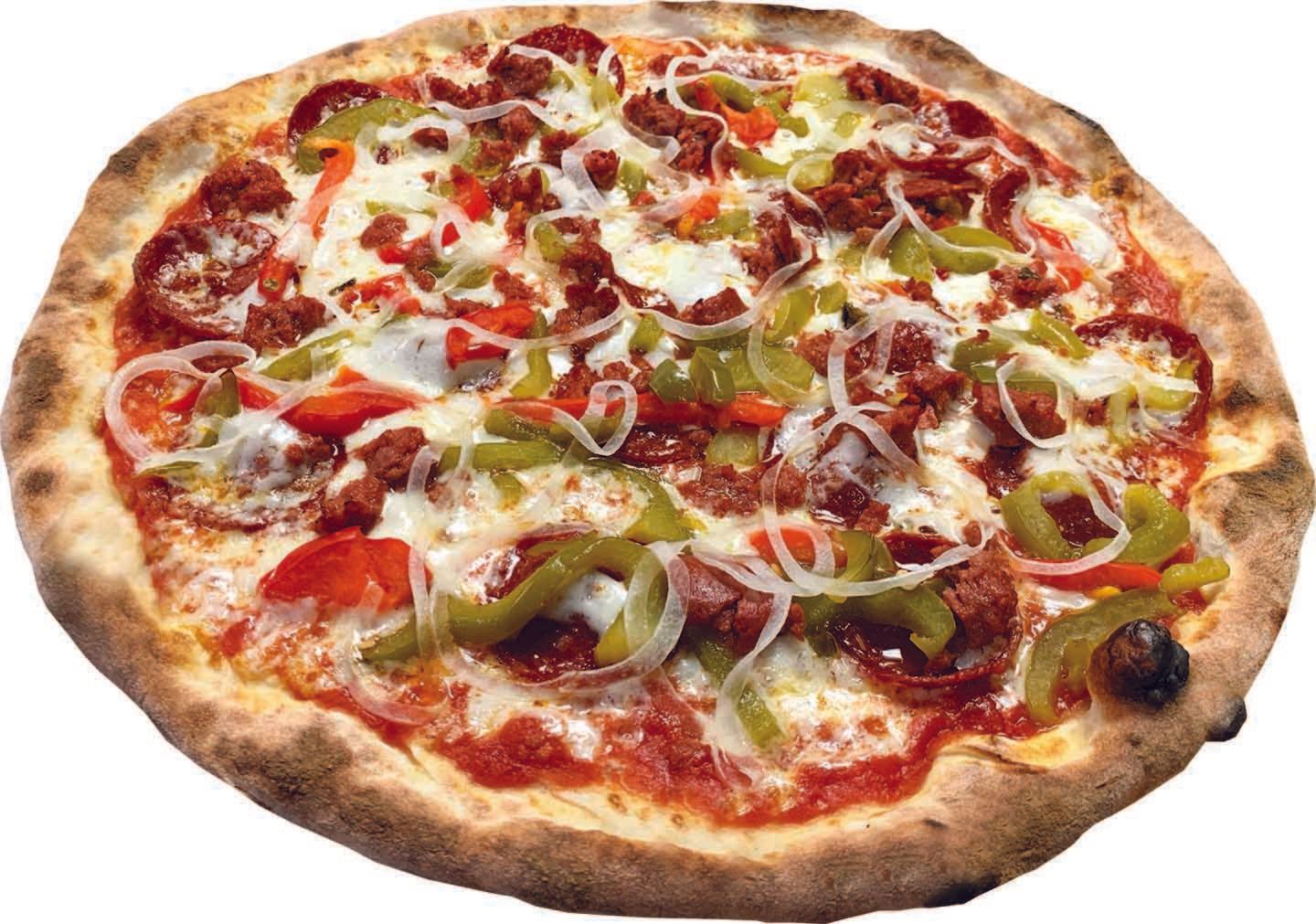 A pizza with pepperoni and cheese on a white background