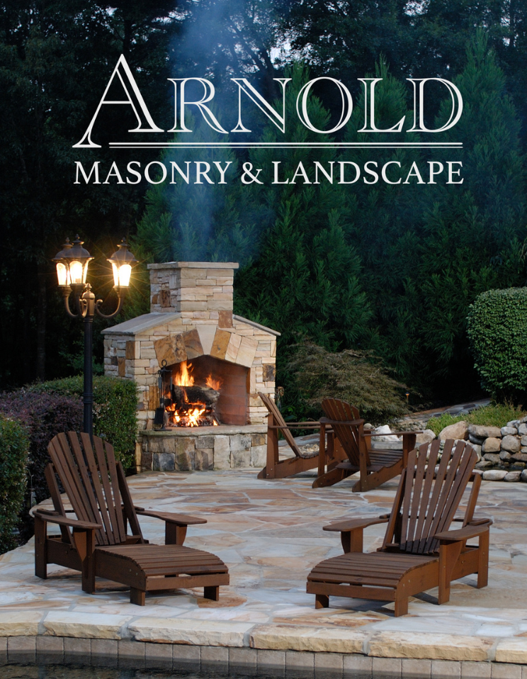 An ad for arnold masonry and landscape shows a fireplace and chairs