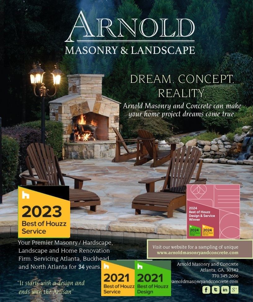 A poster for arnold masonry and landscape shows a fireplace and chairs on a patio.