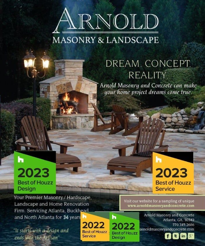 A poster for arnold masonry and landscape shows a fireplace and chairs on a patio.