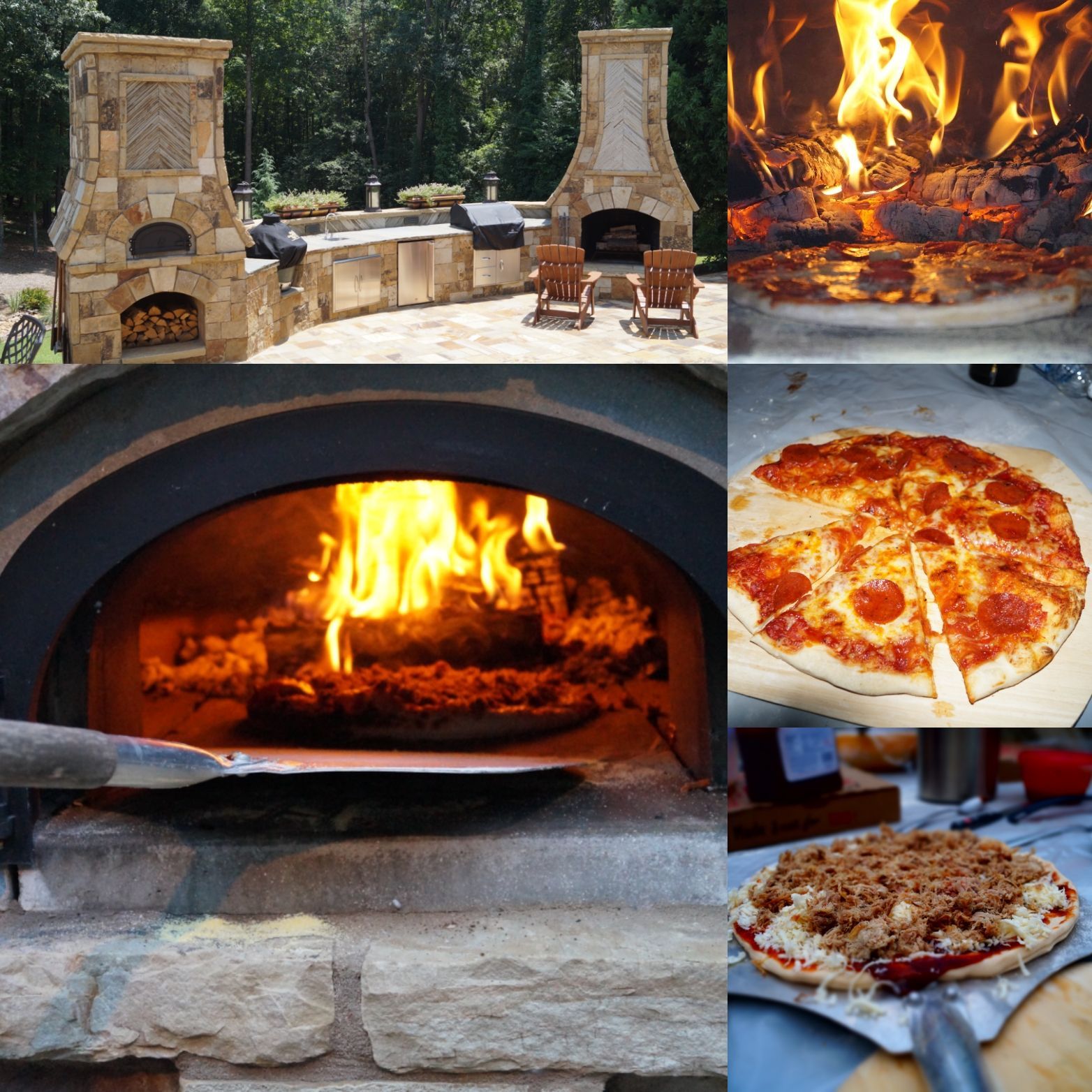 A pizza is being cooked in an outdoor oven