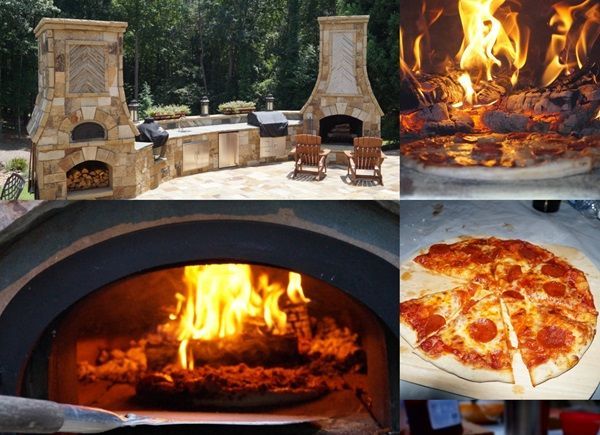 A pizza is being cooked in an outdoor oven