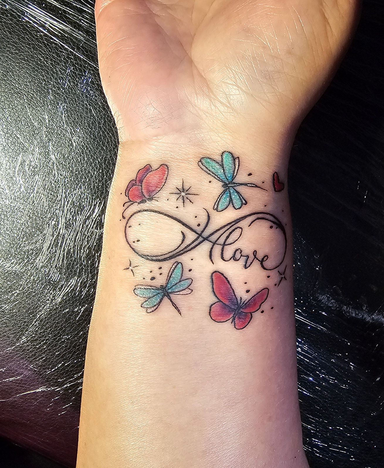 Fine Line Butterflies with Love Tattoo
