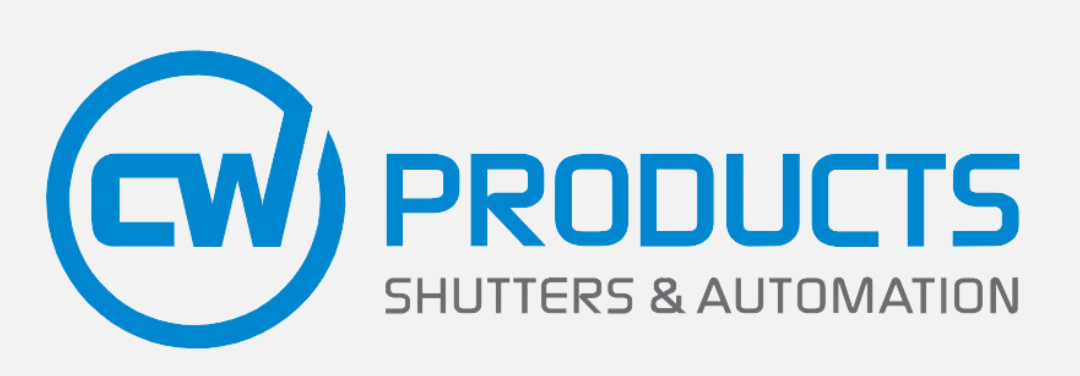 The logo for cw products shutters and automation is blue and white.