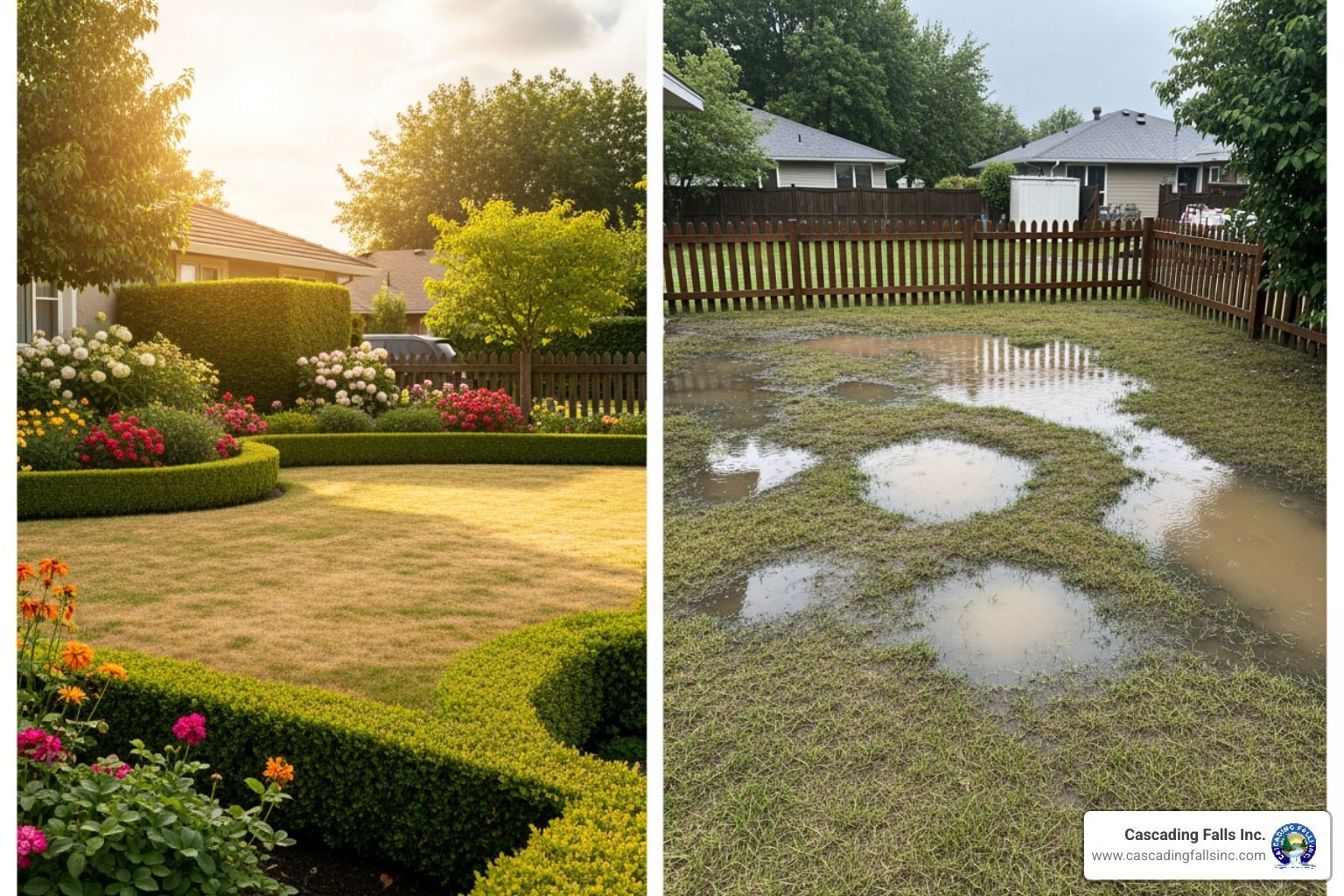 a lush, well-drained yard next to a soggy, puddled one - yard drainage solutions