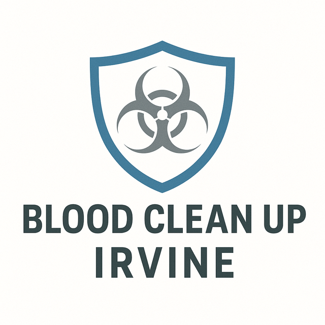 Logo for Blood Clean Up Irvine: blue shield with biohazard symbol, text below.