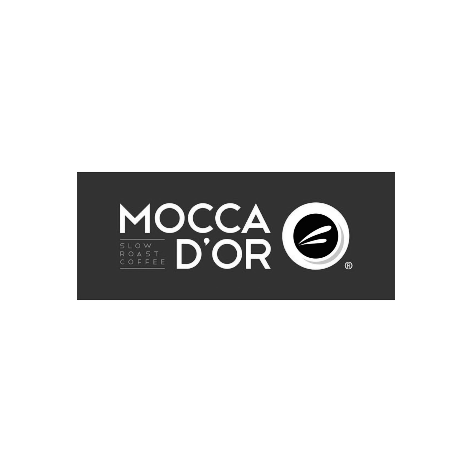 Een zwart-wit logo voor een koffiebedrijf genaamd mocca d'or.