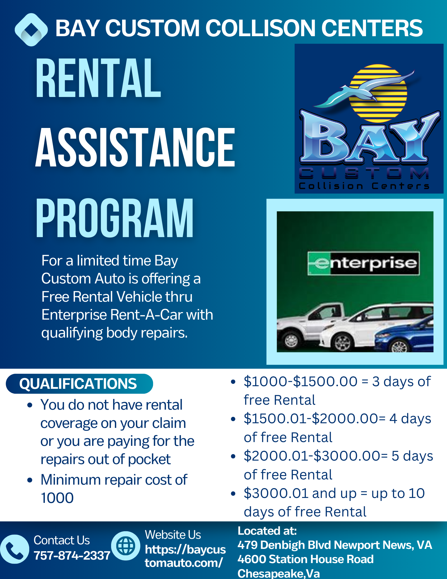 A flyer for bay custom collision centers rental assistance program