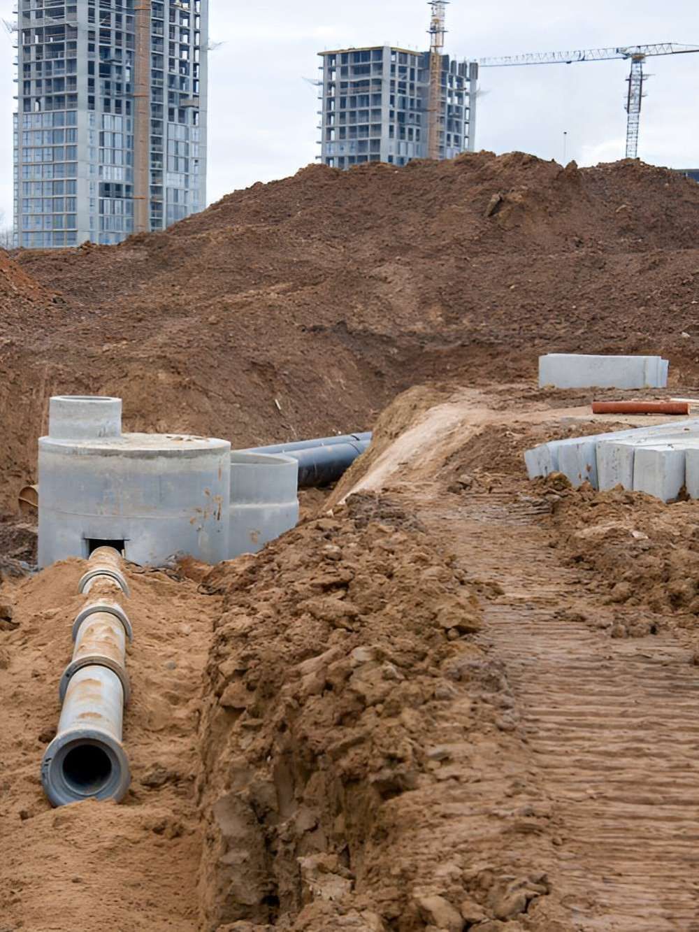 A Construction Site With A Bunch Of Pipes In The Dirt — GEO – AM Consulting In Lismore, NSW