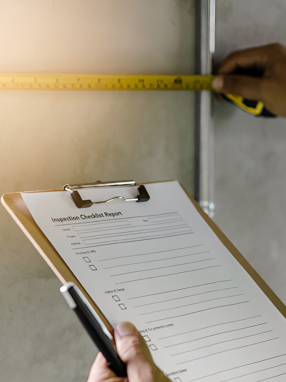 A Person Is Measuring A Wall With A Tape Measure While Holding A Clipboard — GEO – AM Consulting In Lismore, NSW