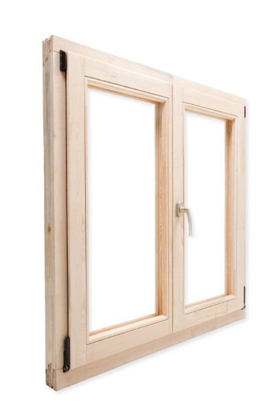 Una finestra di legno con una maniglia su uno sfondo bianco.