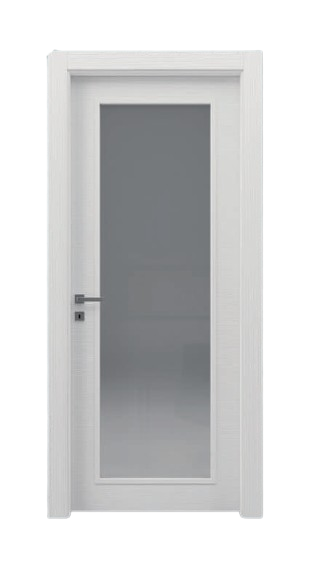 Una porta bianca con un pannello di vetro trasparente su uno sfondo bianco.