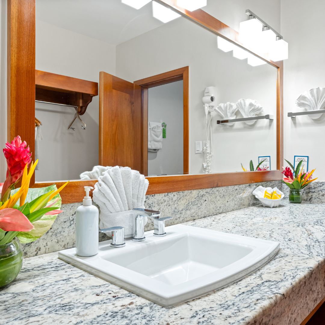 A bathroom with a sink and a large mirror