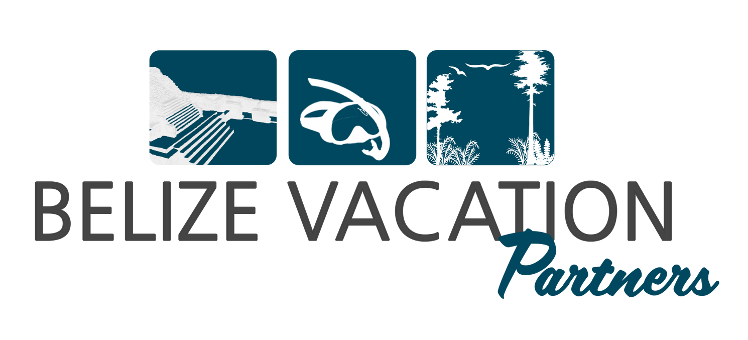 the belize vacation partners logo is blue and white with a few icons on it .