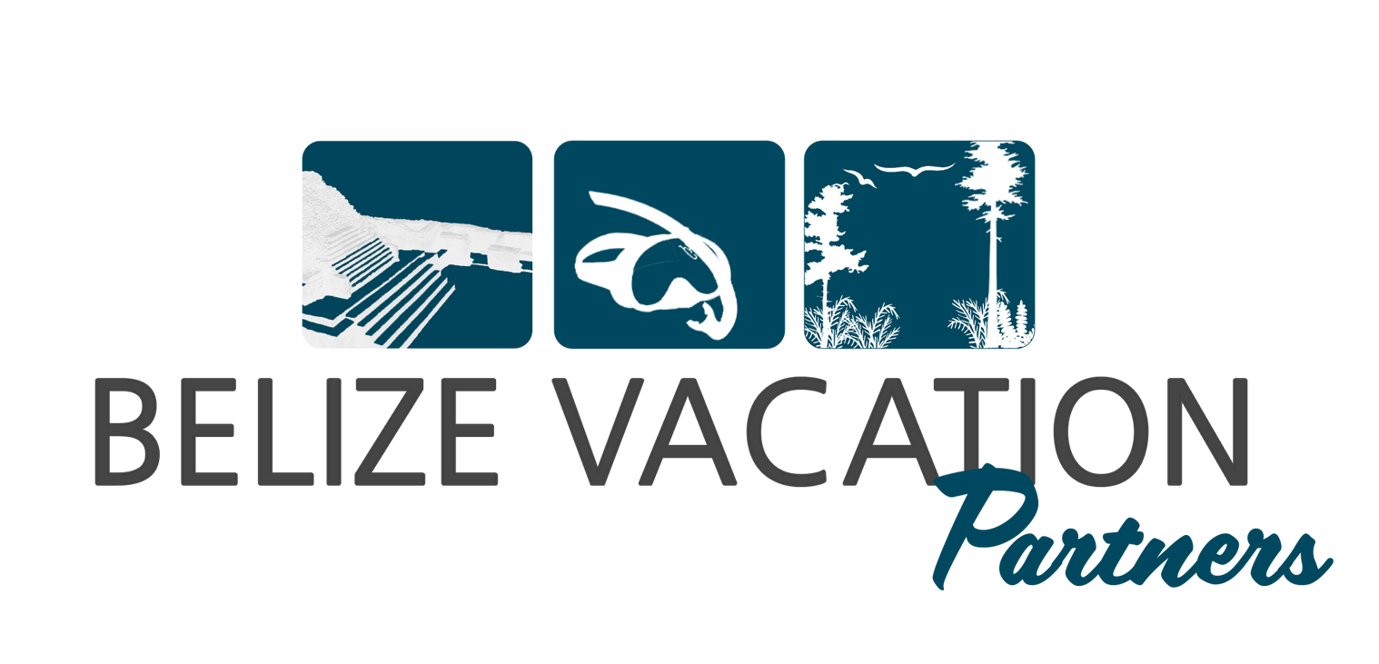 the belize vacation partners logo is blue and white with a few icons on it .