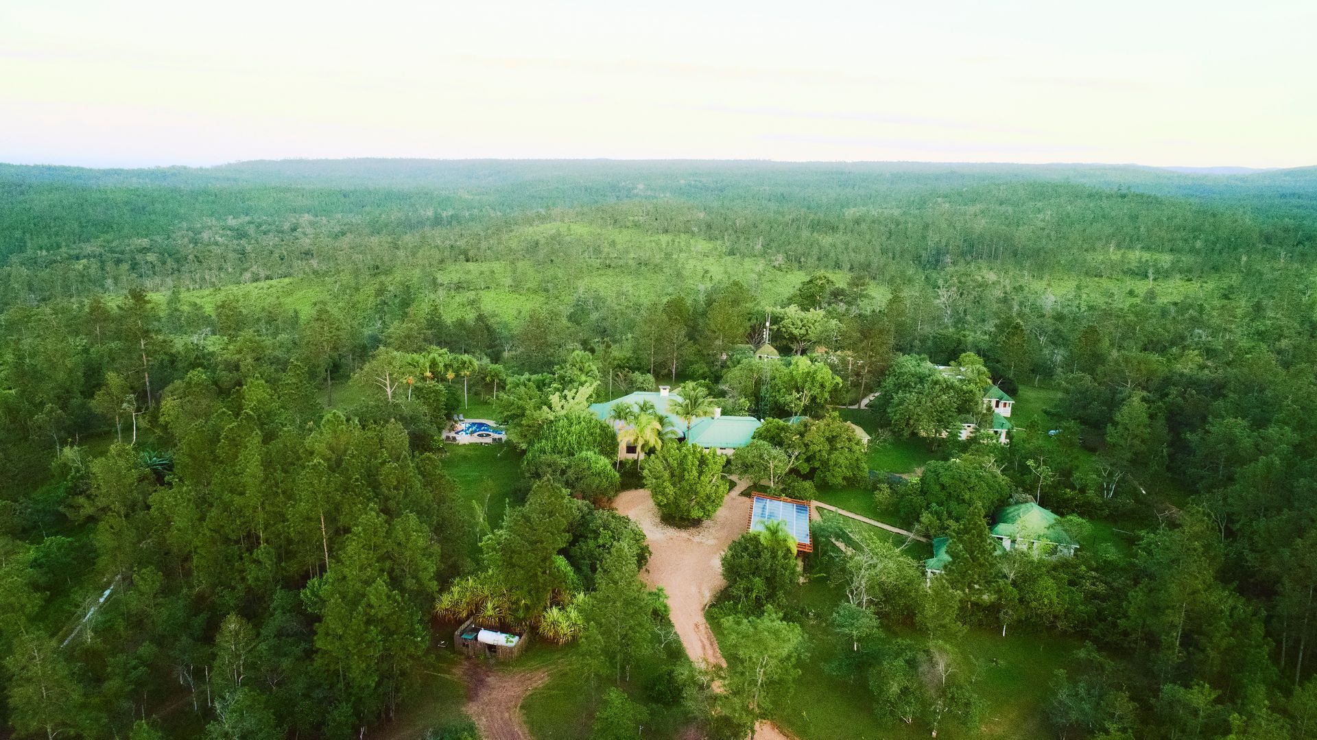an aerial view of a lush green forest with a house in the middle .