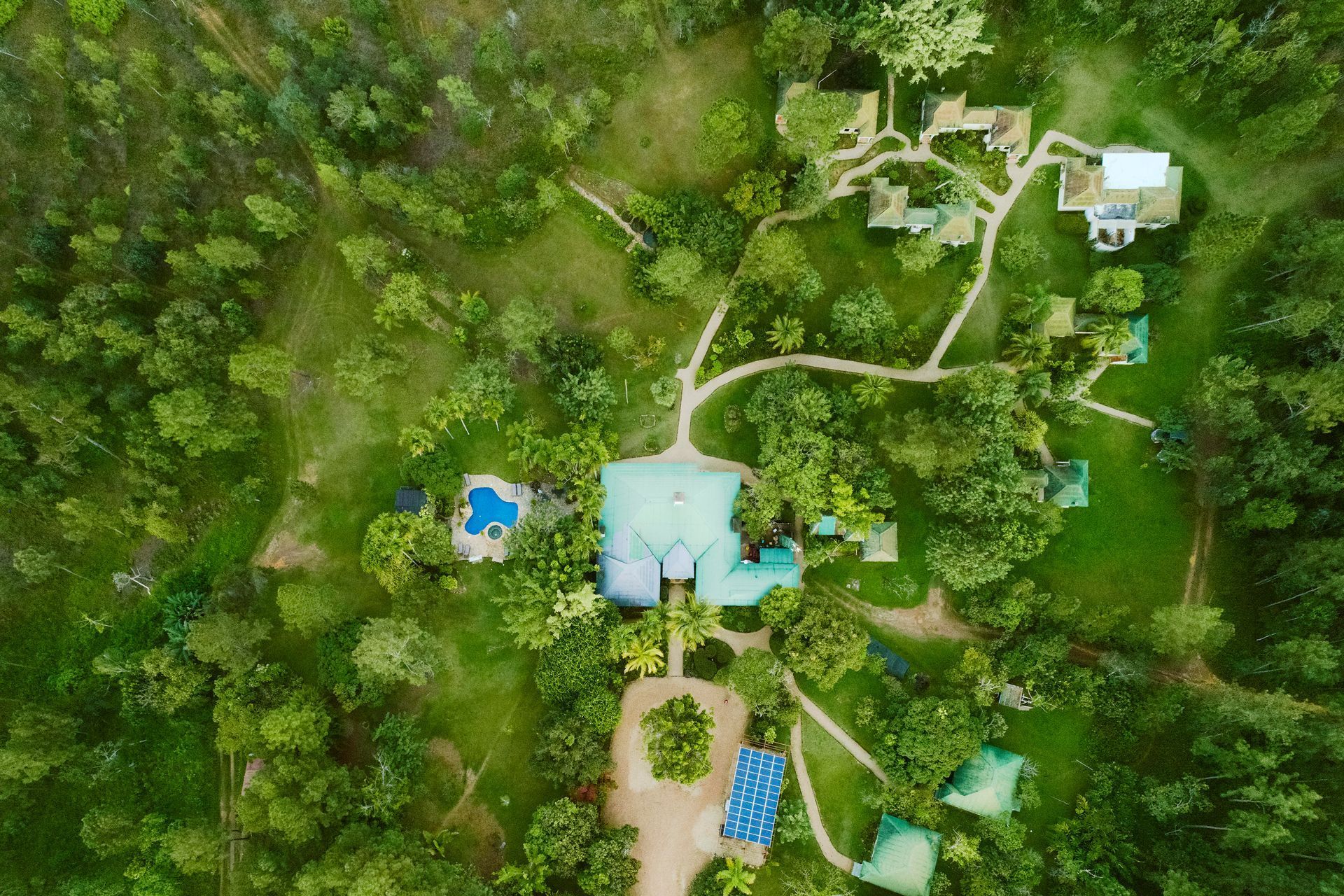 an aerial view of a house in the middle of a lush green forest .