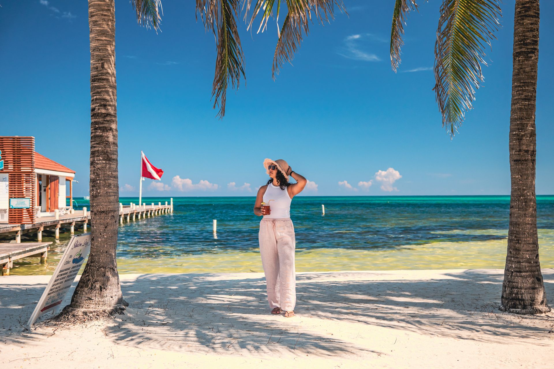 A woman is standing on a beach under palm trees looking at the ocean.