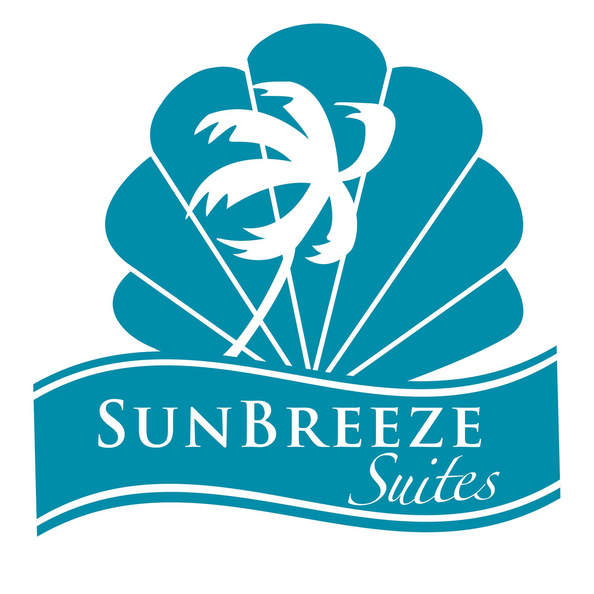A blue and white logo for sunbreeze suites