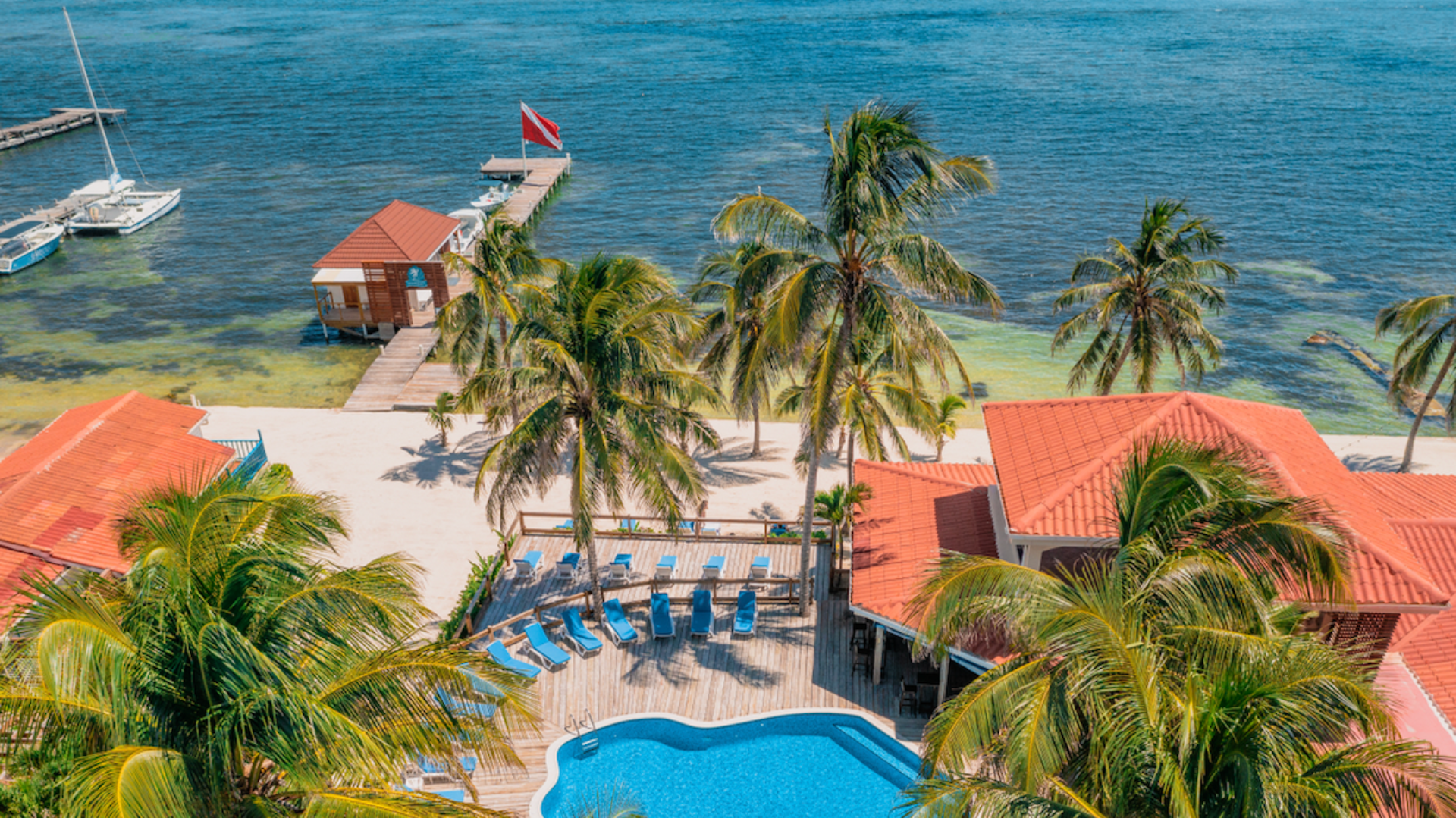 an aerial view Sunbreeze Hotels a tropical resort with a large swimming pool surrounded by palm trees .