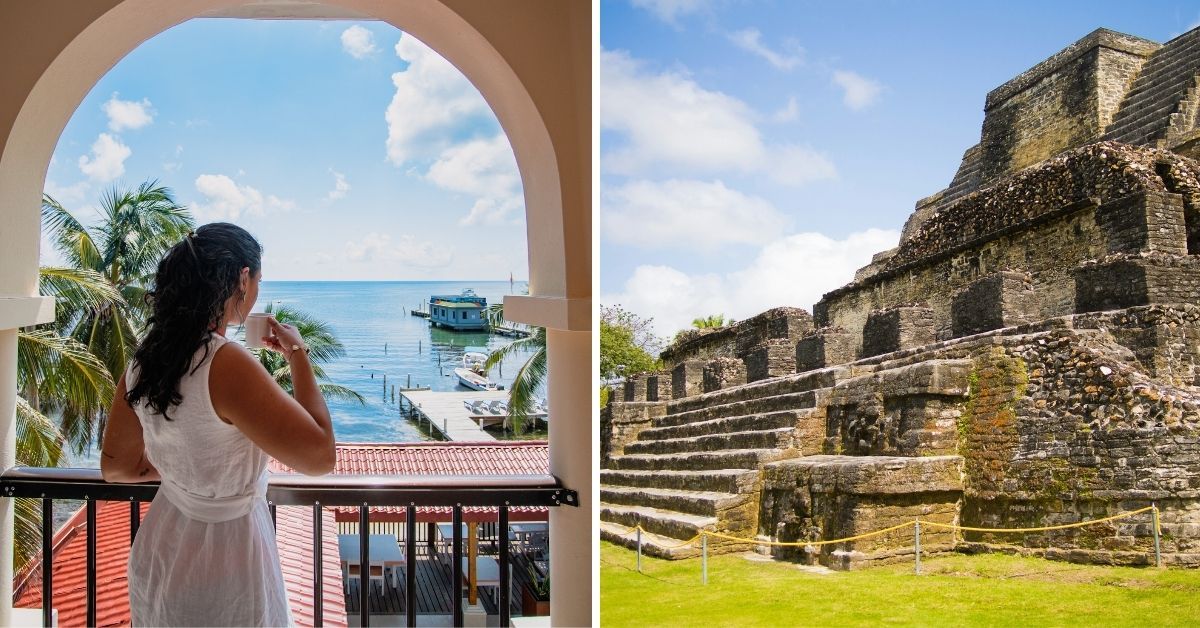 A woman is standing on a balcony overlooking the ocean and a pyramid.