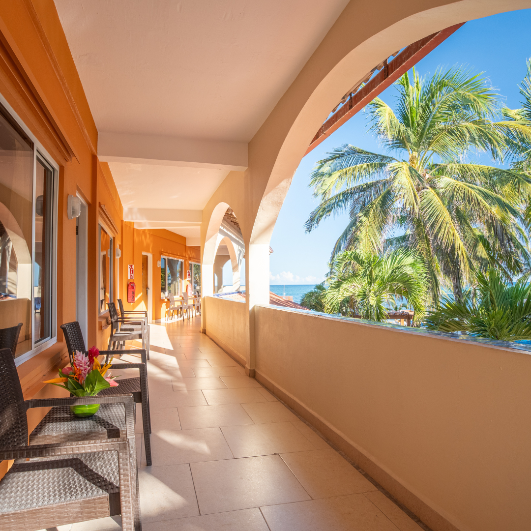 A balcony with a view of the ocean and palm trees
