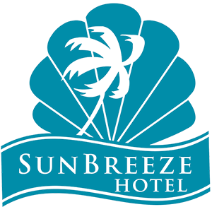 a blue and white logo for sunbreeze hotel