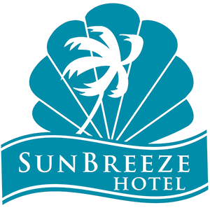 A blue and white logo for sunbreeze hotel