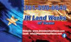 Business card for JH Land Works of Texas, featuring a Texas flag background, contact phone number, website, and email.