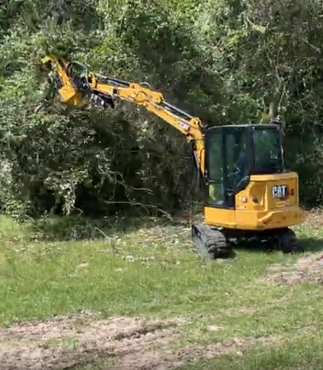 A person using a string trimmer to clear weeds in a yard near a house and a trailer filled with tree branches.
