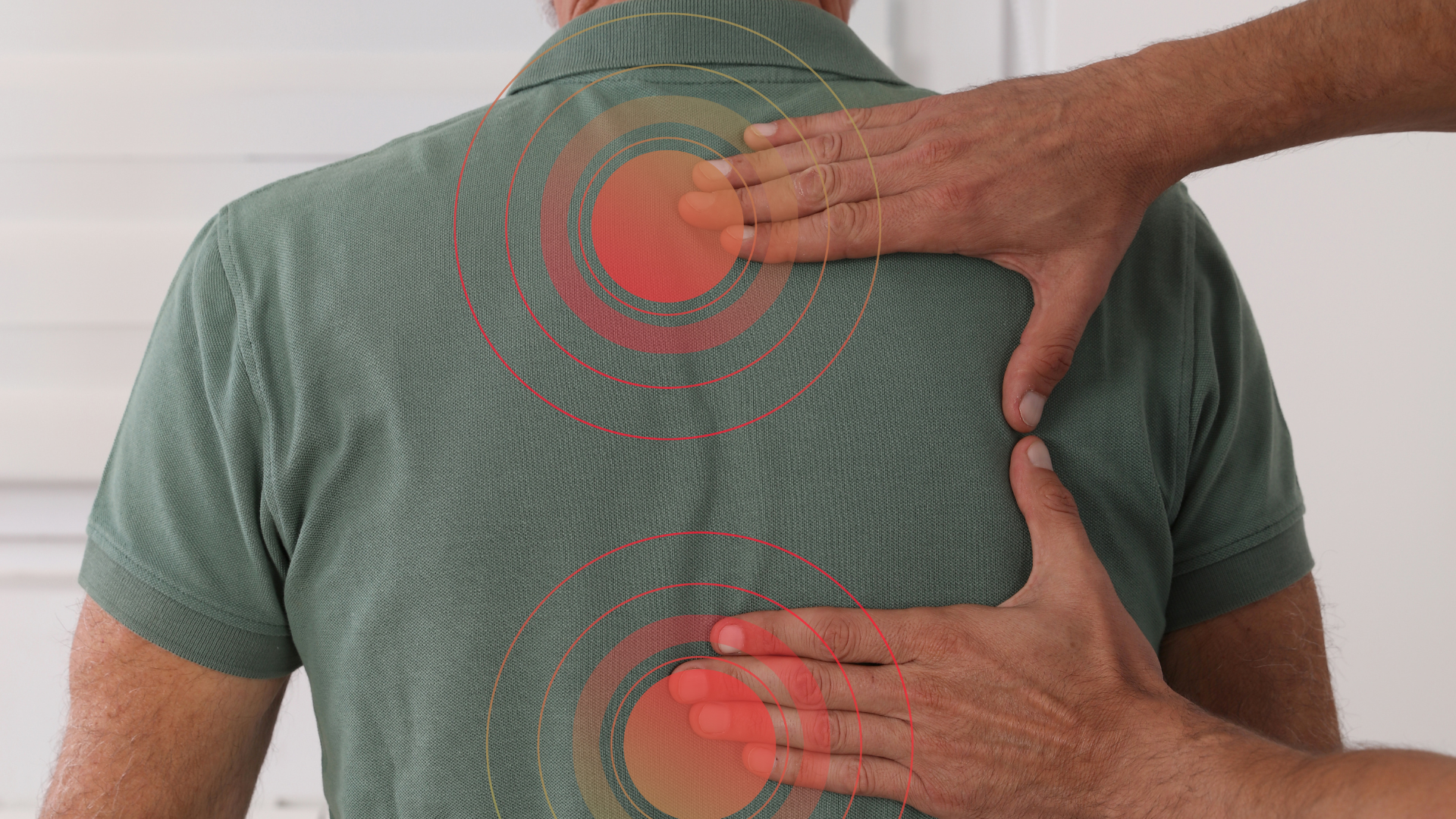 Hands touching a person's upper and lower back, with red circles indicating areas of pain or tension.