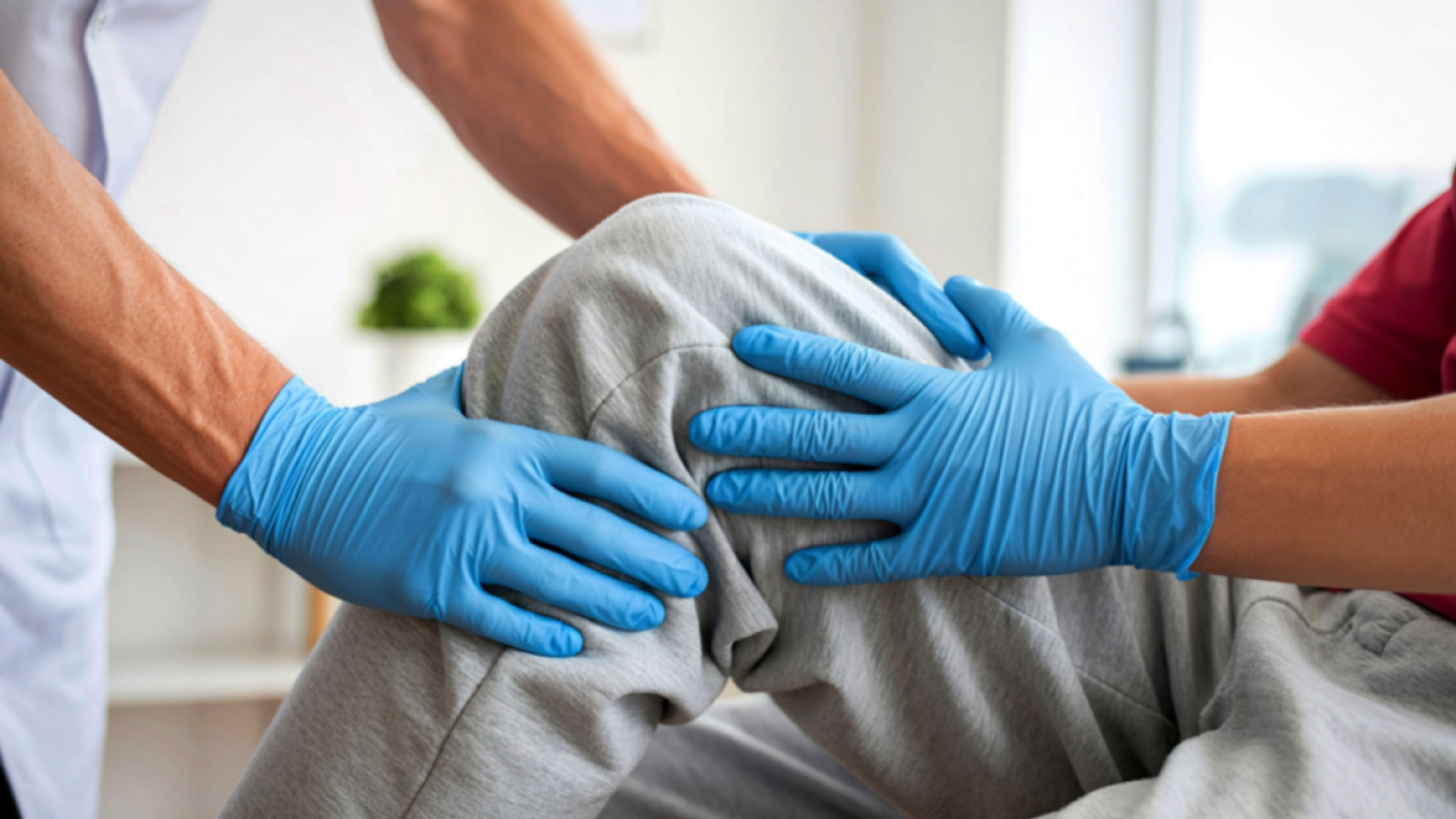 A healthcare professional wearing blue gloves examines a patient's knee in a clinical setting.
