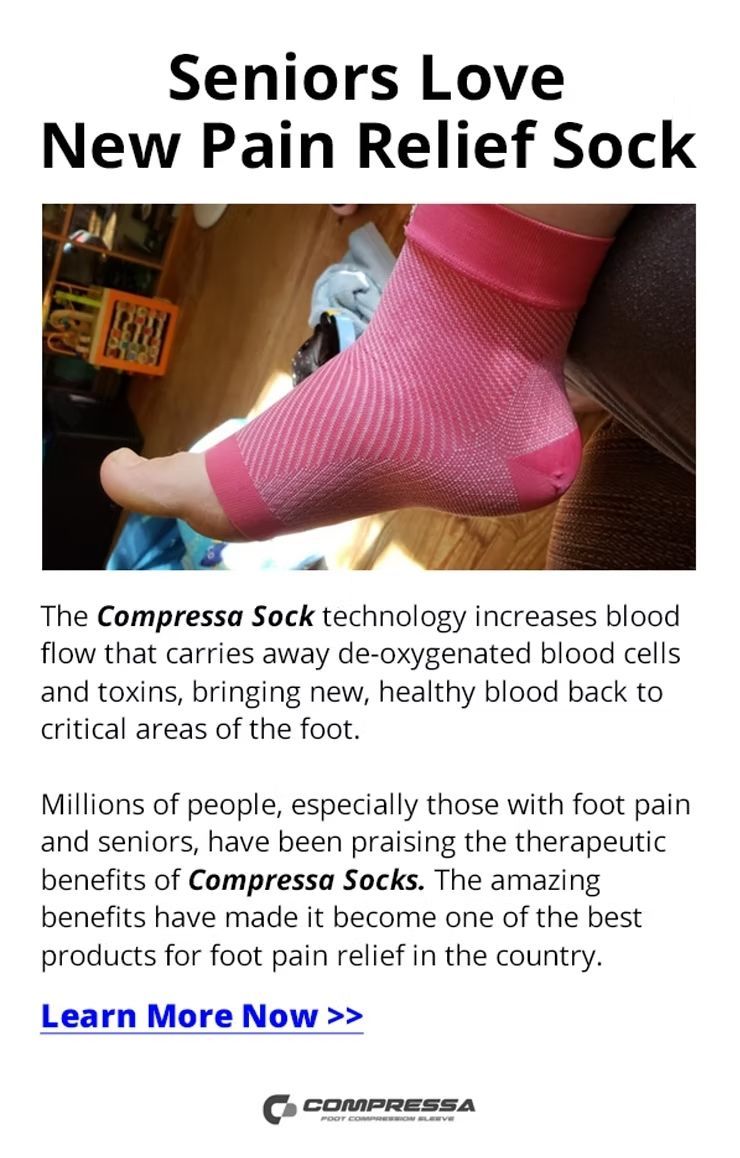 A pink compression sock is worn on a foot, with text promoting the product's pain-relief benefits.