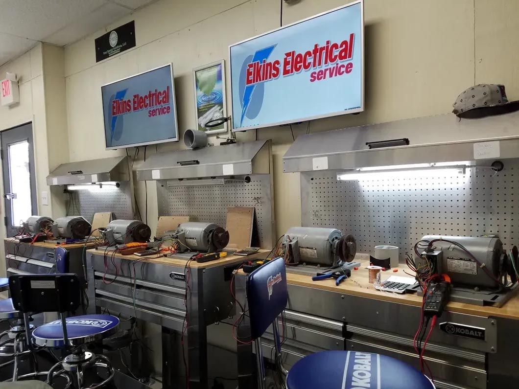 A room with a sign that says elias electrical service