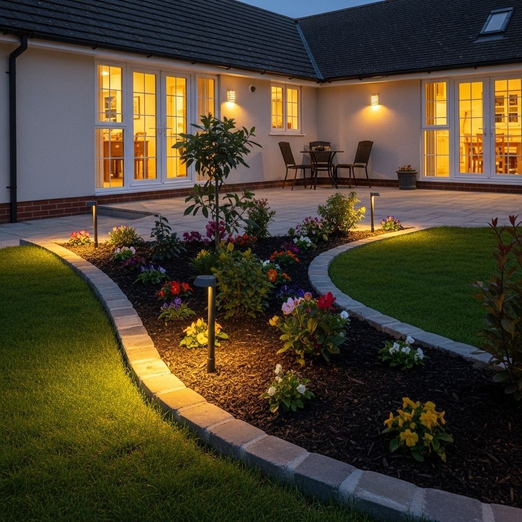 An L-shaped house patio at dusk with illuminated garden path lights glowing warmly among flower beds and a green lawn.