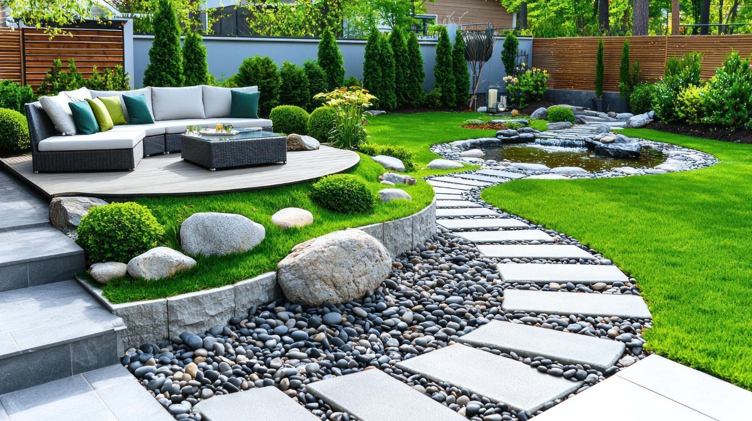 A modern landscaped backyard with a seating area, pond, and stone pathway.